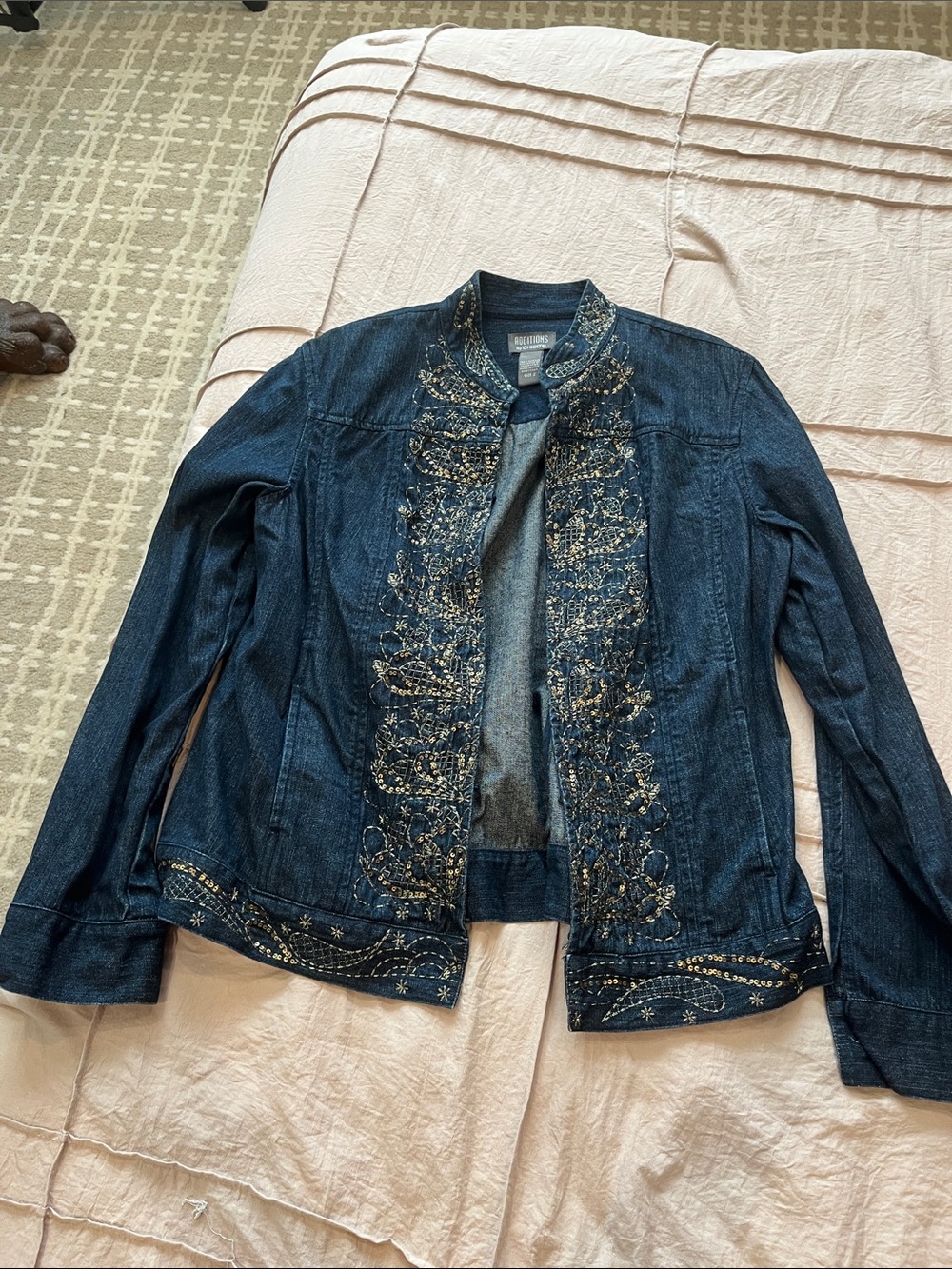 Chico's Dark Blue Denim Jacket with Gold Embroidery